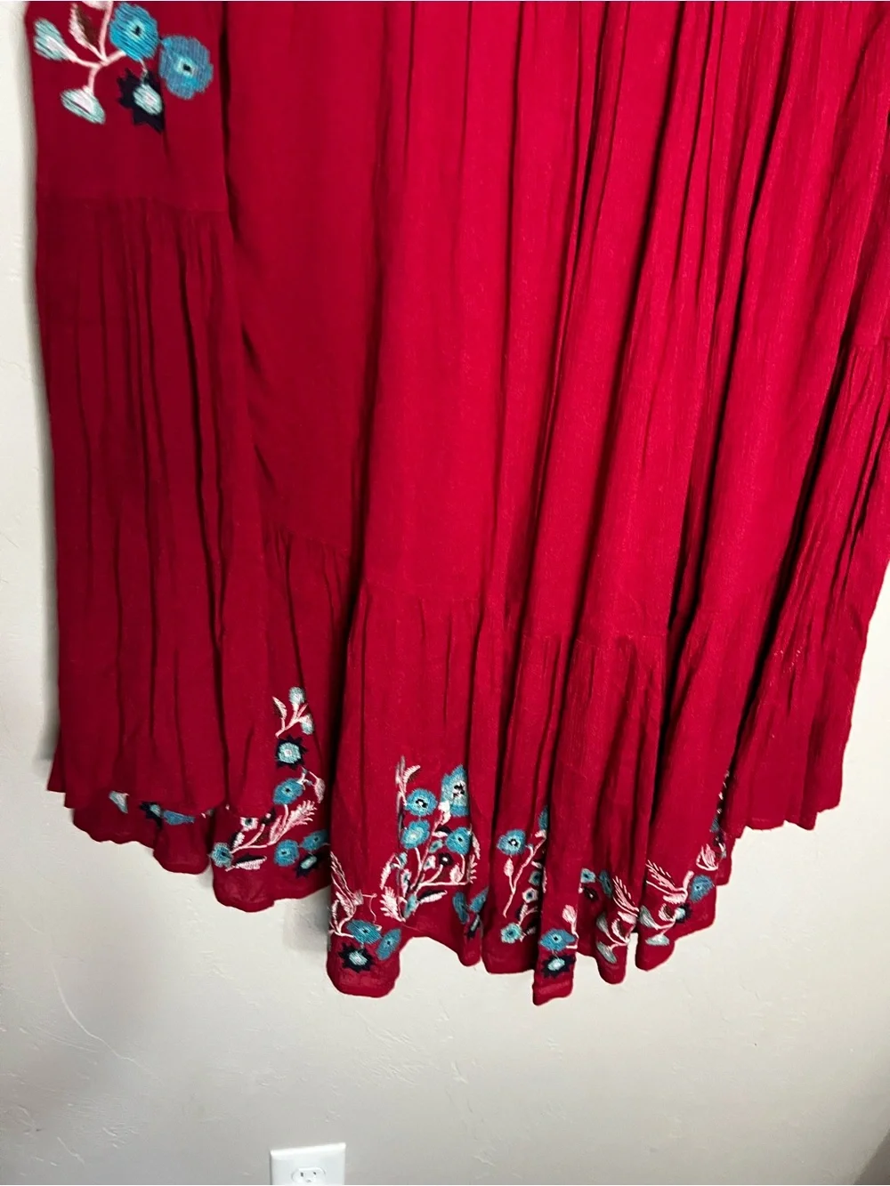 Free People Te‎ Amo Red Blue Floral Embroidered V Neck Babydoll Mini Dress
